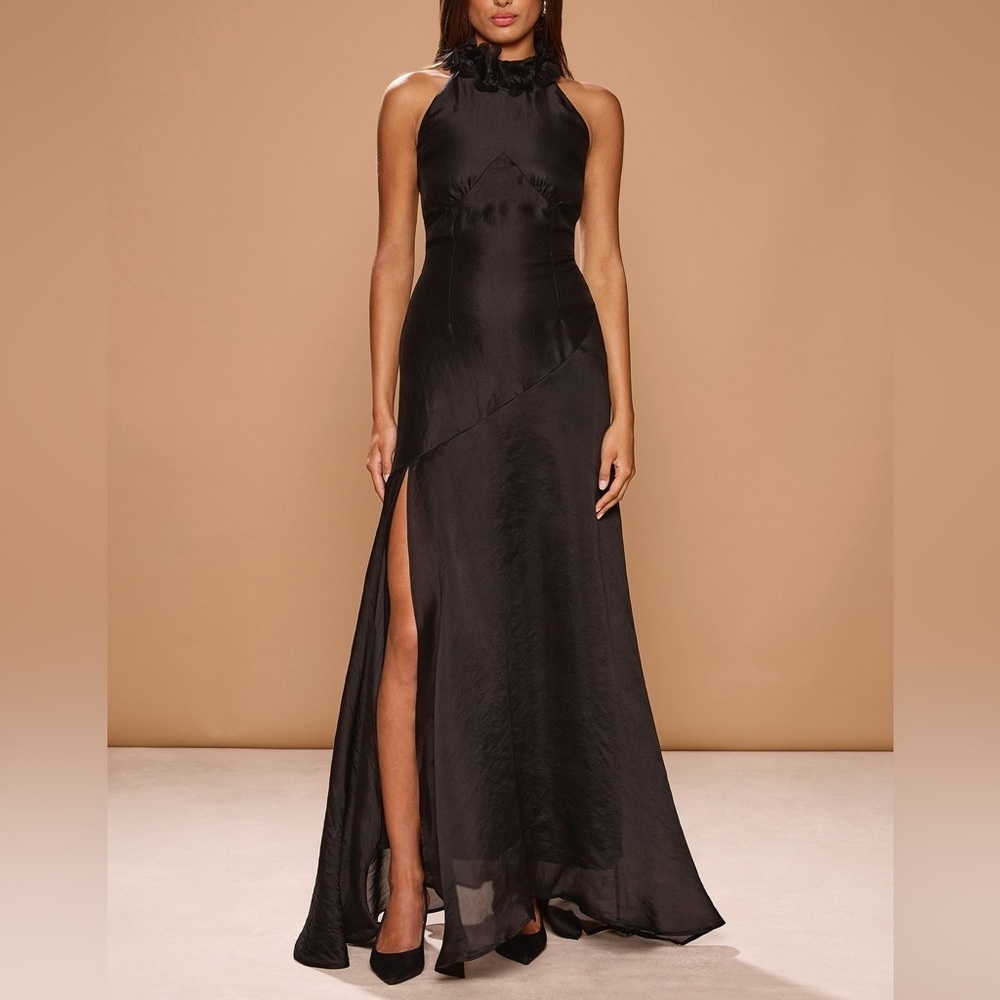 NWT Sonya Moda Noelle Gown Black Organza Silk Maxi Floral Neck Sz L